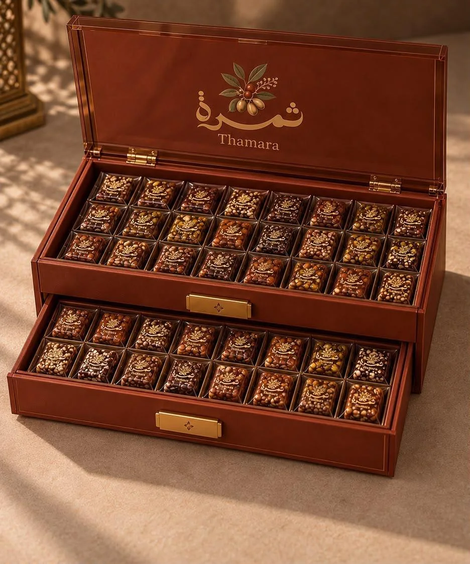 The Cabinet — two-drawer leather box filled with wrapped brittle pieces