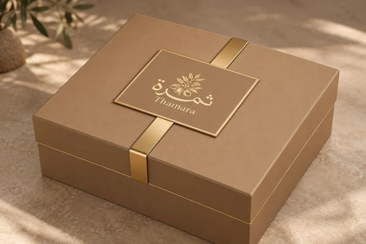 The Gift Chest — taupe box with brushed gold band and Thamara plaque