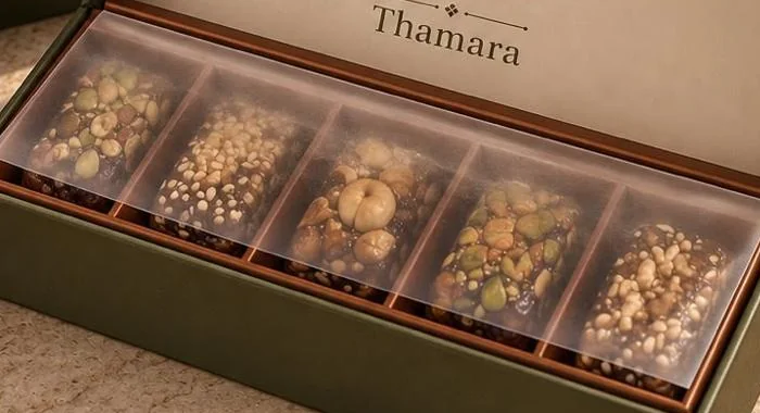 Five nut brittle bars in the Thamara olive box tray